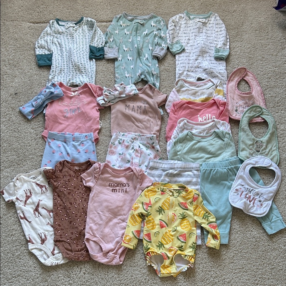 Assorted Baby Onesies, Pants and Bibs Bundle Size 3-6M - 20 pieces